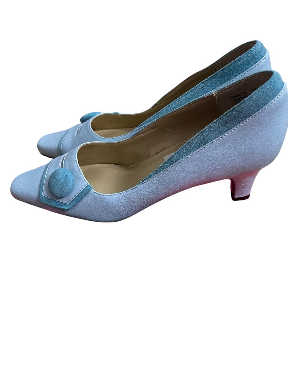 Vintage Blue Womens Low Heel Pumps with Decorative Button Excellent